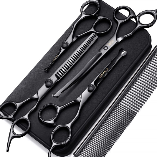 4CR Stainless Steel Safety round Tip 6 in 1 Professional Dog Grooming Scissors Kit, Heavy Duty Titanium Coated Straight & Thinning & Curved Shears & Comb Set for Dog & Cat Grooming